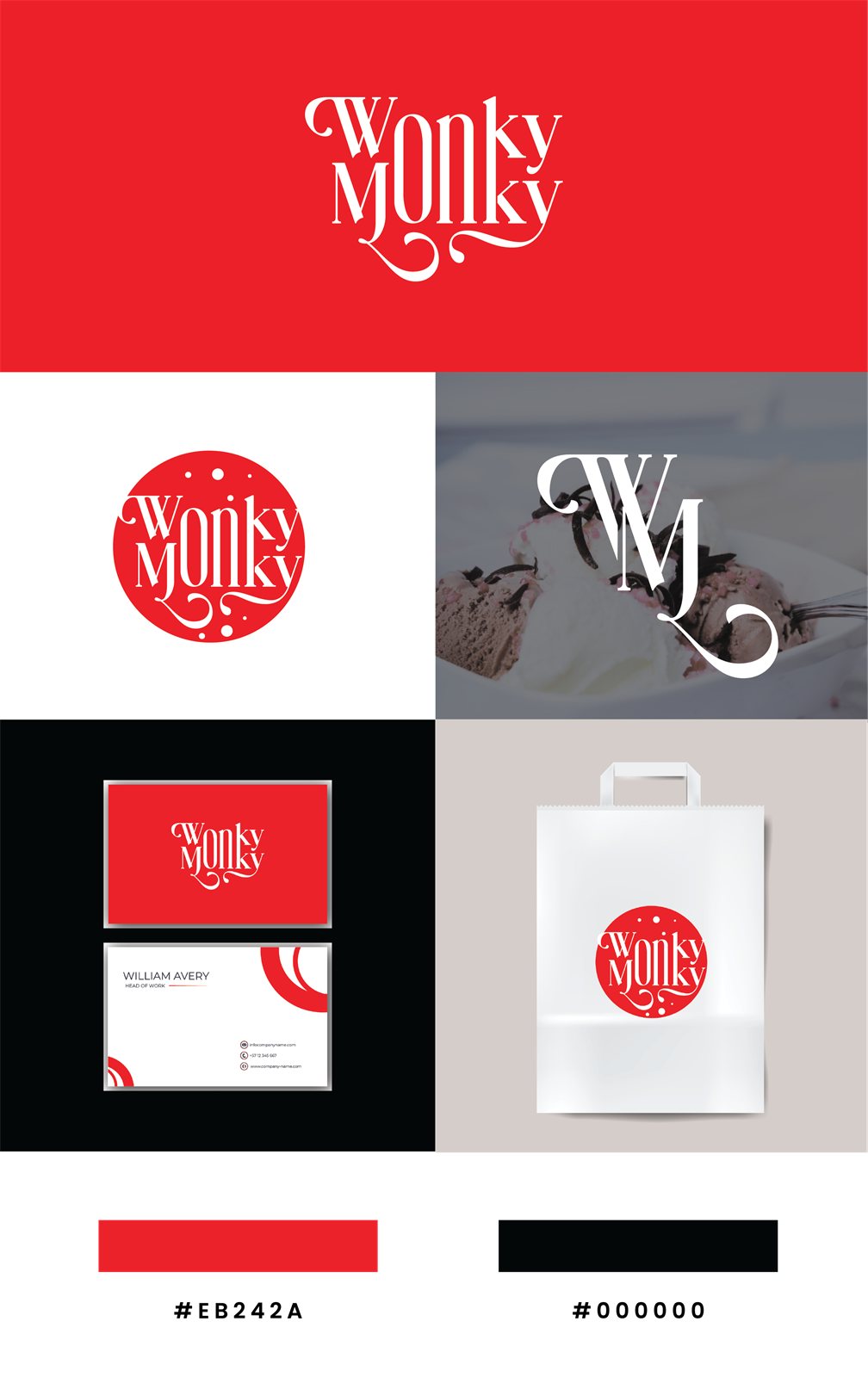 Wonky Monky red serif wordmark with badge, monogram, business cards and shopping bag mockups